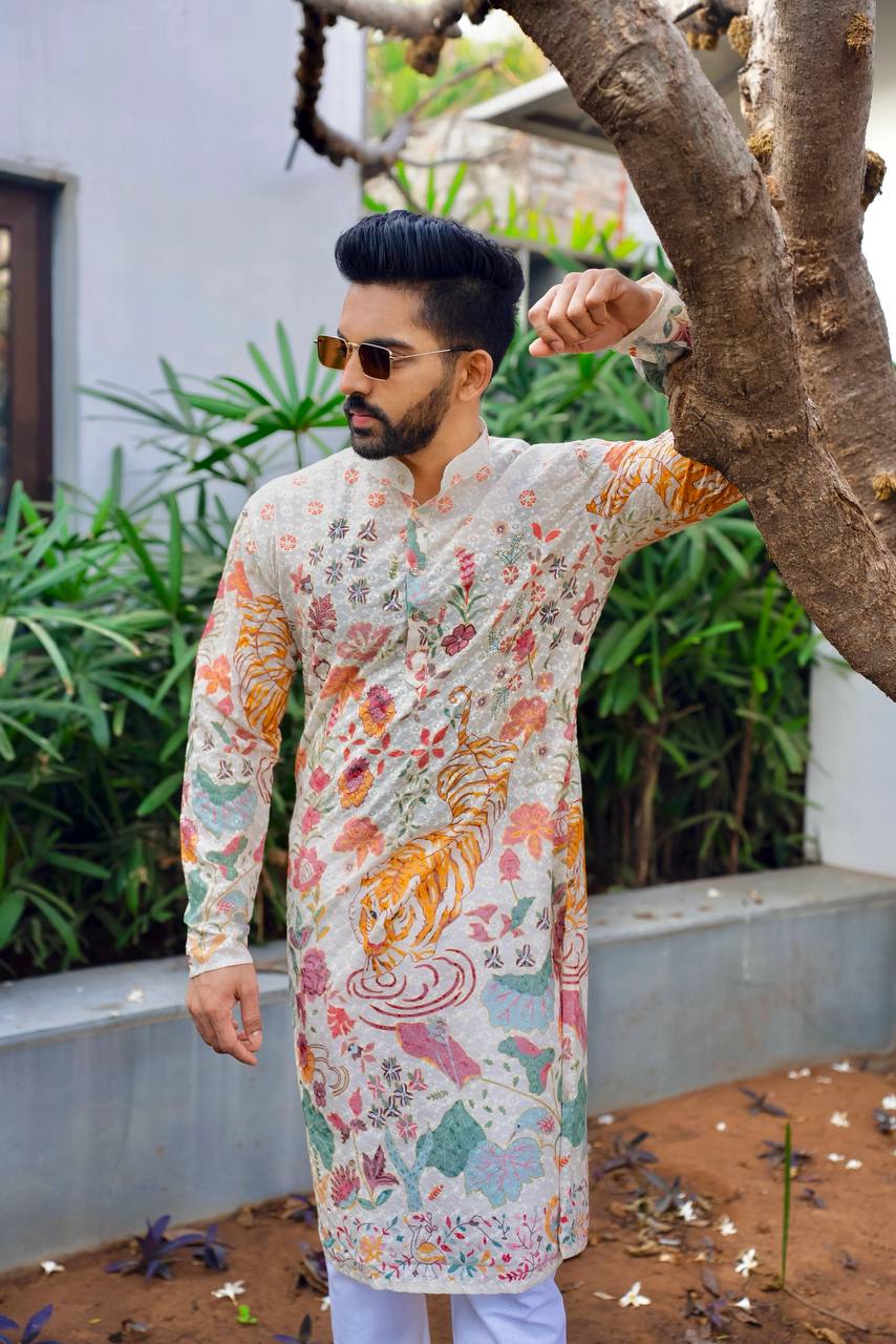 WHITE FLORAL PRINTED AND SEQUINS WORK KURTA WITH PAJAMA SET FOR MEN