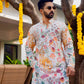 WHITE FLORAL PRINTED AND SEQUINS WORK KURTA WITH PAJAMA SET FOR MEN