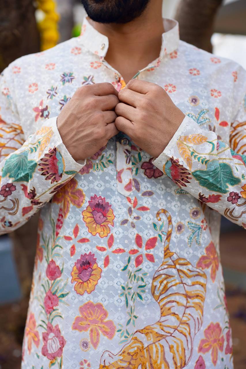 WHITE FLORAL PRINTED AND SEQUINS WORK KURTA WITH PAJAMA SET FOR MEN