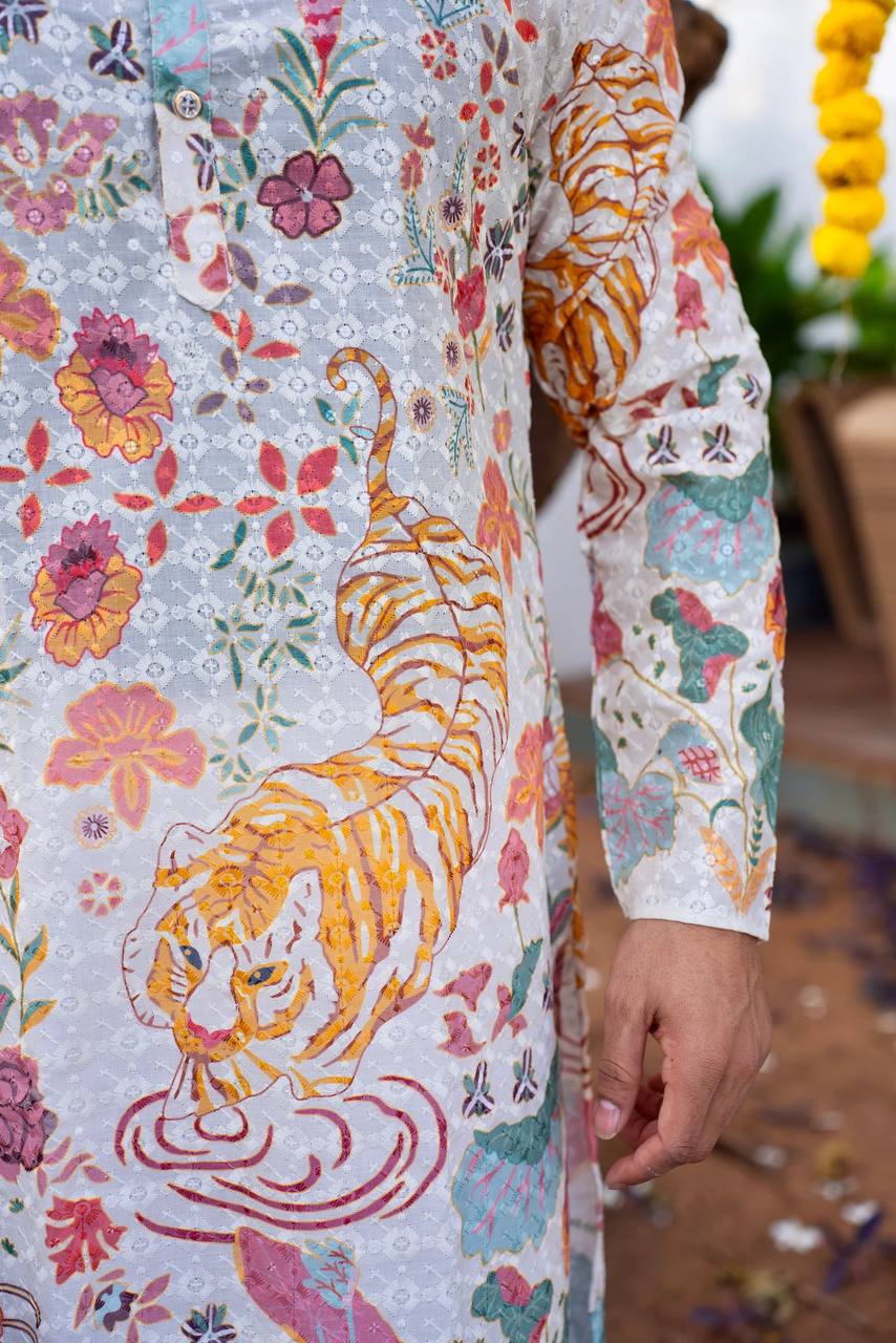 WHITE FLORAL PRINTED AND SEQUINS WORK KURTA WITH PAJAMA SET FOR MEN