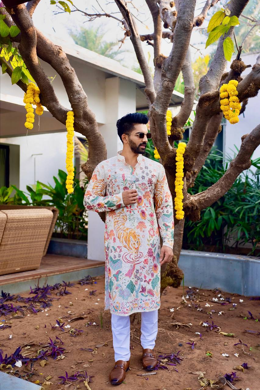 WHITE FLORAL PRINTED AND SEQUINS WORK KURTA WITH PAJAMA SET FOR MEN