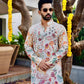 WHITE FLORAL PRINTED AND SEQUINS WORK KURTA WITH PAJAMA SET FOR MEN