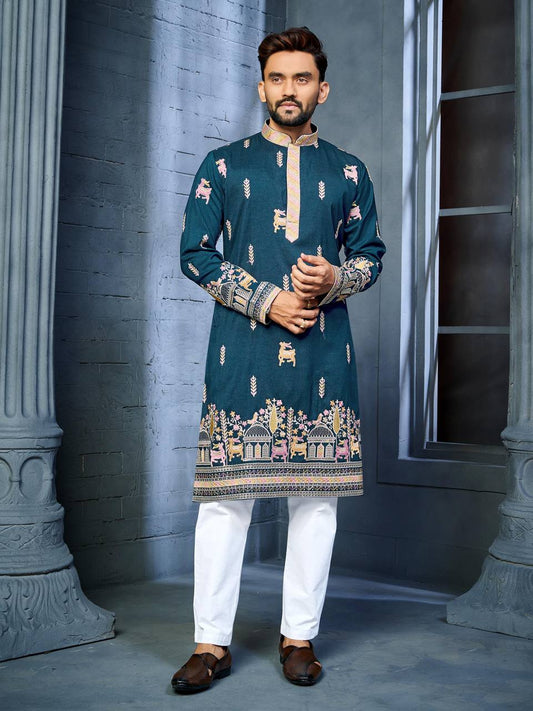 RAMA BLUE  MULTI THREAD EMBROIDERY DEER PATTERN DAAMAN CONCEPT KURTA