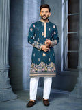 RAMA BLUE  MULTI THREAD EMBROIDERY DEER PATTERN DAAMAN CONCEPT KURTA