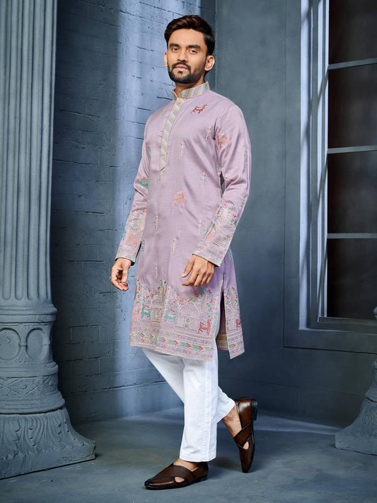 LIGHT  PURPLE MULTI THREAD EMBROIDERY DEER PATTERN DAAMAN CONCEPT KURTA
