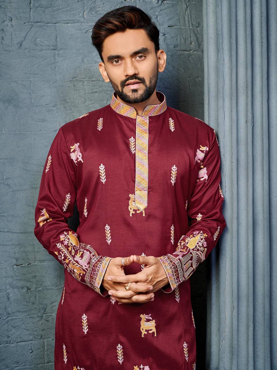 RED MULTI THREAD EMBROIDERY DEER PATTERN DAAMAN CONCEPT KURTA