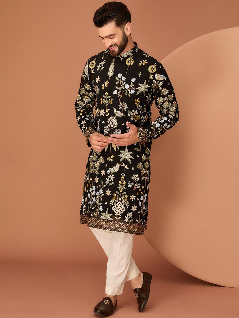 Men's Georgette Persian Embroidered BLACK  & Multi Long Kurta