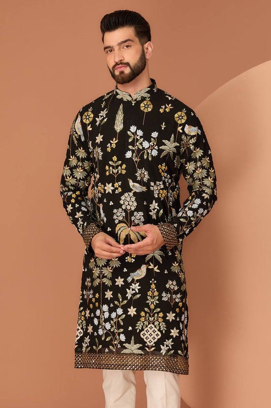 Men's Georgette Persian Embroidered BLACK  & Multi Long Kurta