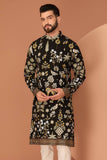 Men's Georgette Persian Embroidered BLACK  & Multi Long Kurta