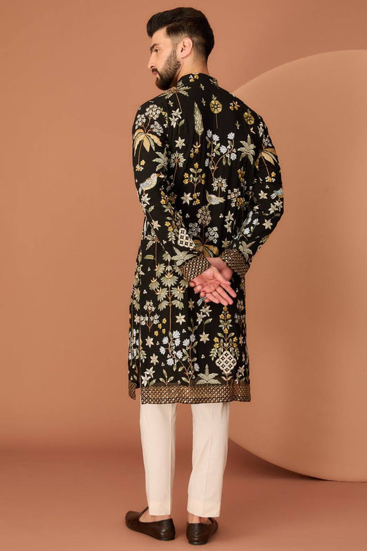 Men's Georgette Persian Embroidered BLACK  & Multi Long Kurta