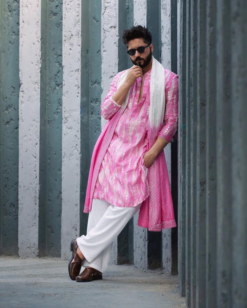 Pink Mirror Work Kurta pajama and dupatta set For Men