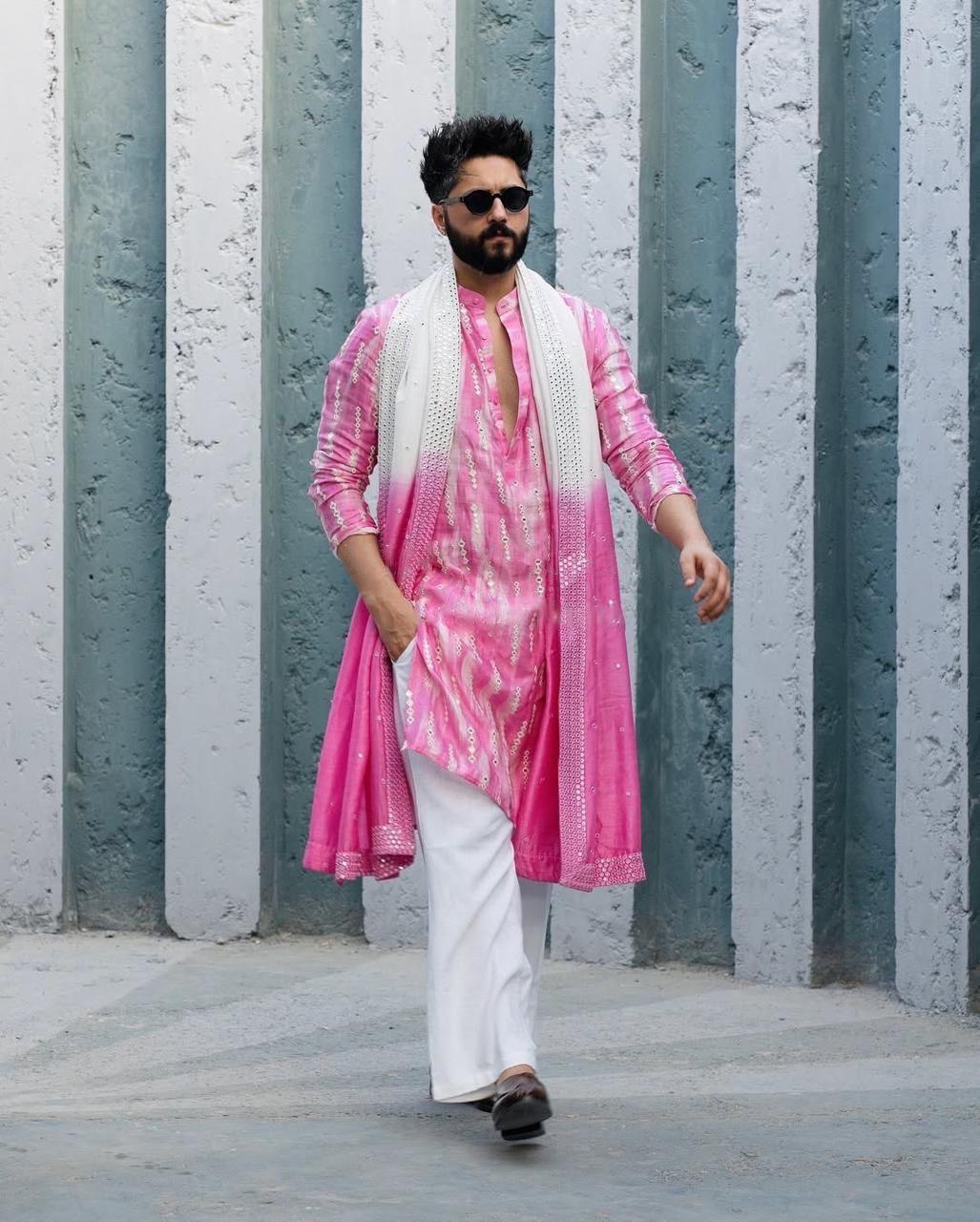 Pink Mirror Work Kurta pajama and dupatta set For Men