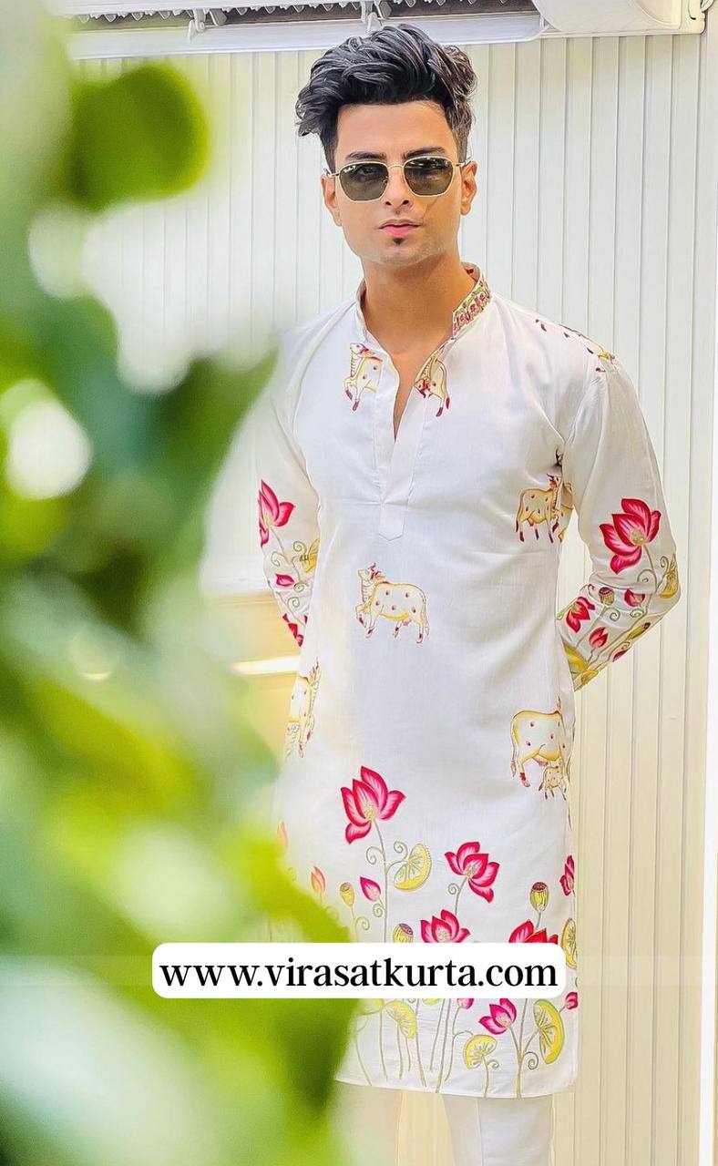 WHITE COW WITH LOTUS PRINTED KURTA SET