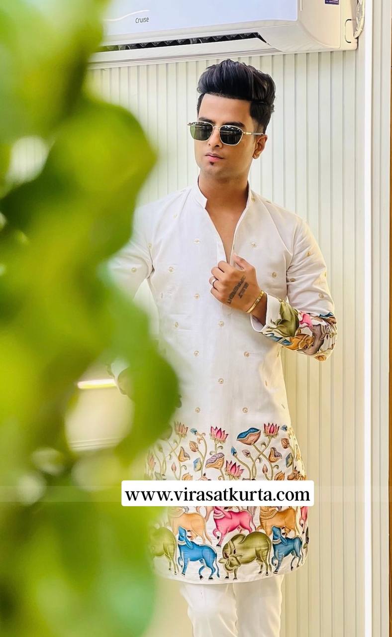WHITE COW N BUTTI EMBRODERD WORK KURTA SET