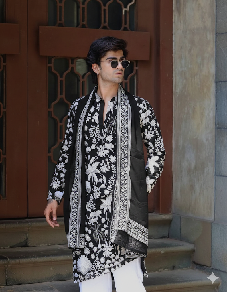 Floral Embroidered Mandarin Collar Zari Kurta With Patiala & Dupatta