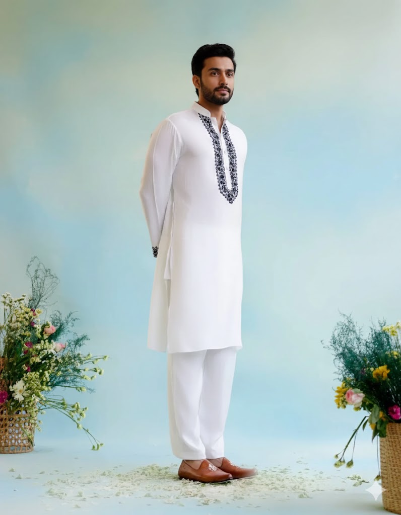 White Neck black  Cotton Embroidered Work Men's Kurta with Pajama