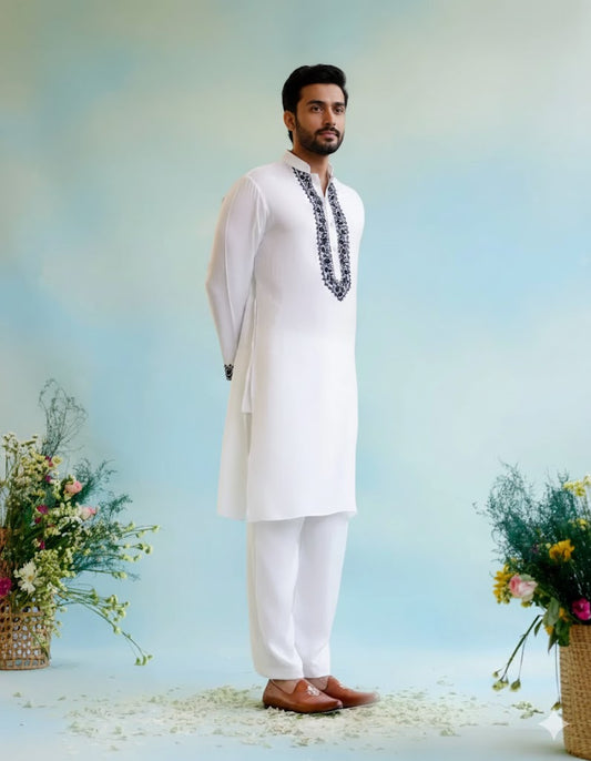 White Neck black  Cotton Embroidered Work Men's Kurta with Pajama