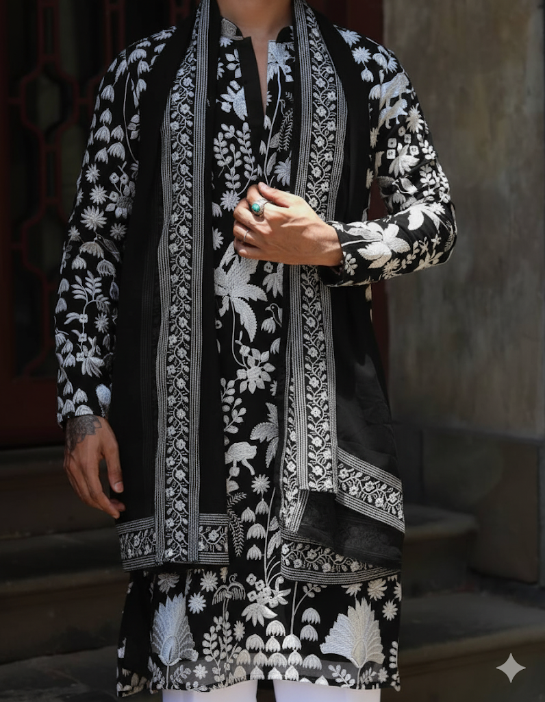 Floral Embroidered Mandarin Collar Zari Kurta With Patiala & Dupatta