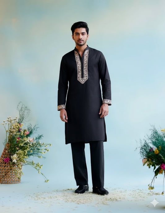 Black Neck White Cotton Embroidered Work Men's Kurta with Pajama