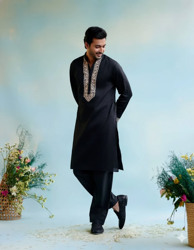 Black Neck White Cotton Embroidered Work Men's Kurta with Pajama