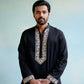 Black Neck White Cotton Embroidered Work Men's Kurta with Pajama