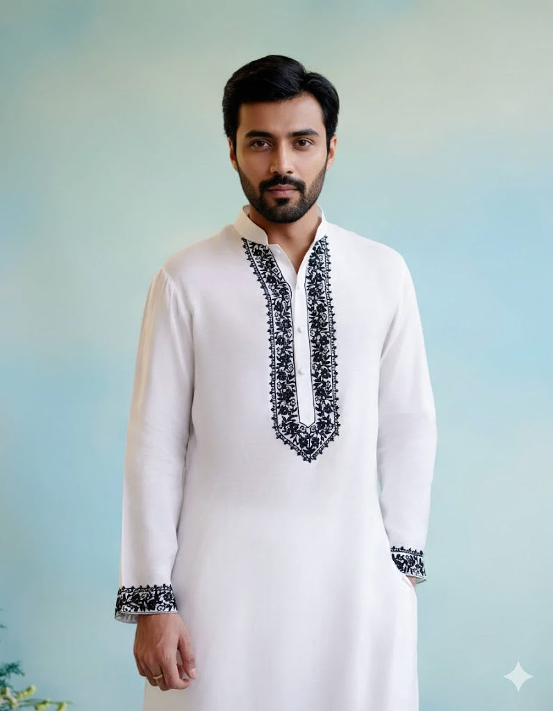White Neck black  Cotton Embroidered Work Men's Kurta with Pajama